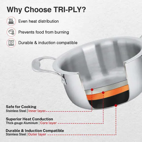 Prestige 20cm/3.2L Tri-Ply Stainless Steel Splendid Casserole| Gas and Induction Compatible |Even Heat Distribution| Thick Gauge Tri-Ply Body| Perma Cool Handles| 15 Year Warranty - Detail View